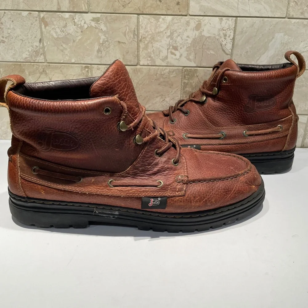 Justin Mens 991 Brown Pebbled Leather Chukka Moc Toe Lug Sole Boots Size 13M